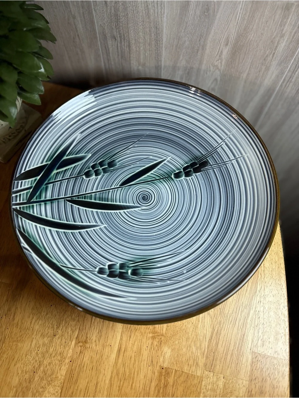 Vintage Nasuga 12”Stoneware Serving Bowl Blue Spiral Botanical Design Ovenproof